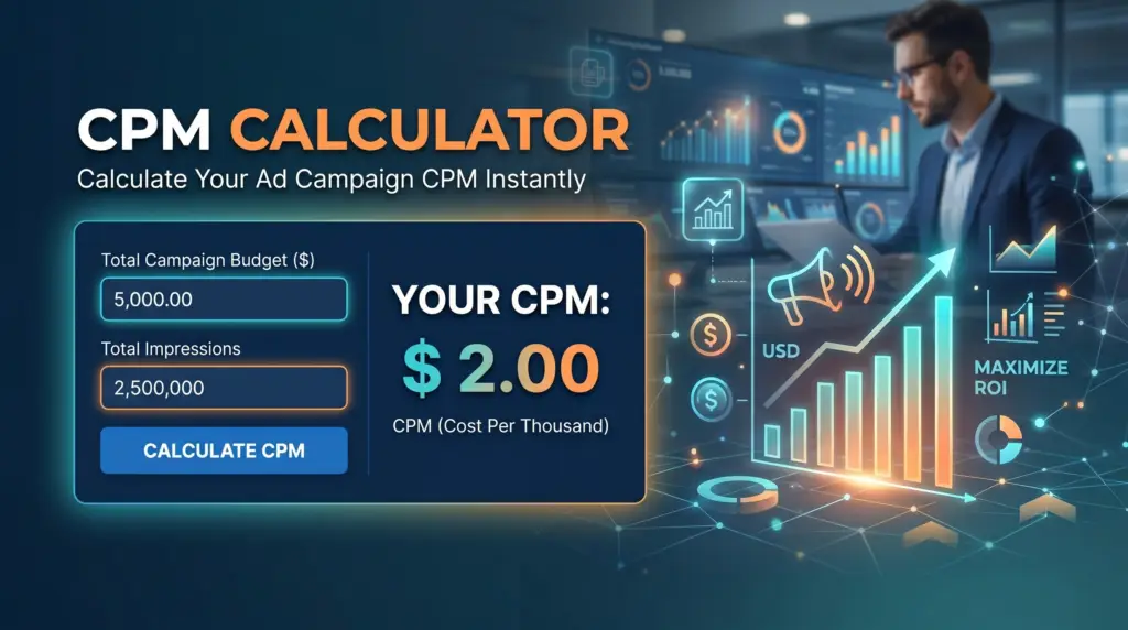 CPM Calculator tool interface showing an average CPM rate of $2.00 for digital advertising campaigns
