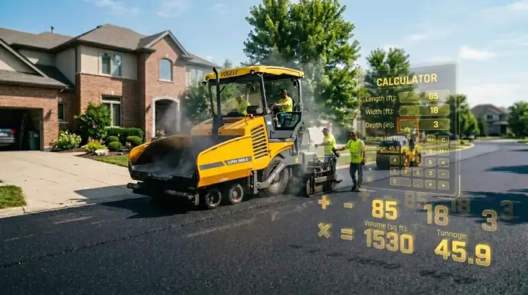 Heavy asphalt paving machine laying road material - Asphalt Calculator Zyxotech