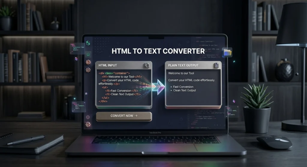 A MacBook Pro displaying an HTML to Text Converter interface, with a modern office setting in the background. The screen shows HTML code on the left and clean plain text on the right, connected by a glowing arrow.